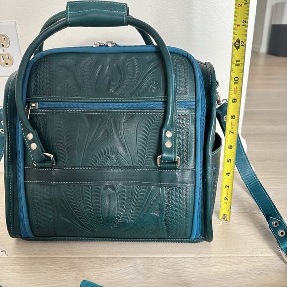 ROPIN WEST VANITY TRAVEL BAG CASE GENUINE HAND TOOLED LEATHER TURQUOISE GREEN - Picture 10 of 13